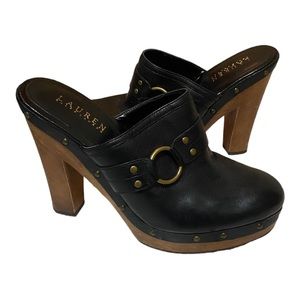 Lauren Ralph Lauren Black Leather Clogs Platform Leather Heels Size 9.5